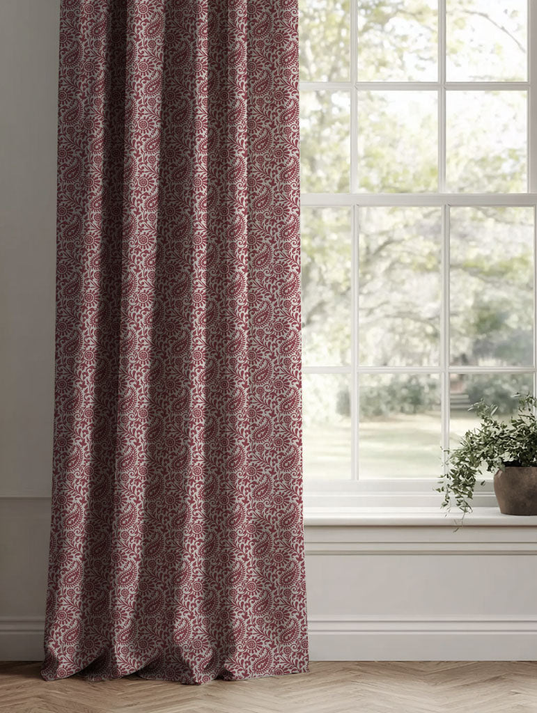 Red Patterned Linen Curtains - Nora Wine - Natural base fabric.
