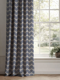Blue Patterned Linen Curtains - Ofira Deep Blue - Natural base fabric.