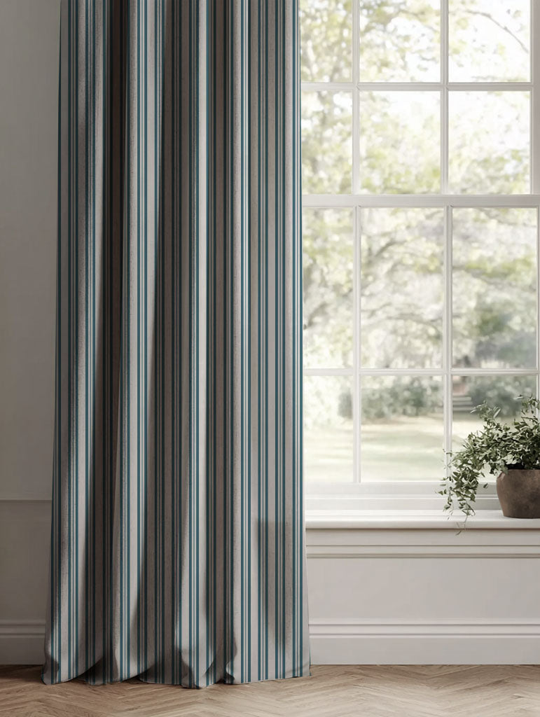 Blue Striped Linen Curtains - Olga Blue Stone - Natural base fabric.