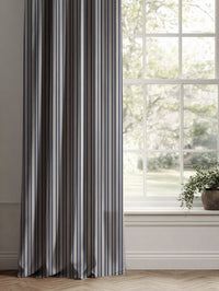 Blue Striped Linen Curtains - Olga Deep Blue - Natural base fabric.