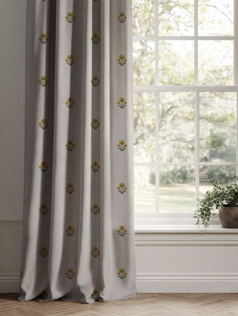 Green / Yellow Floral Linen Curtains - Penelope Yellow Green - Natural base fabric.