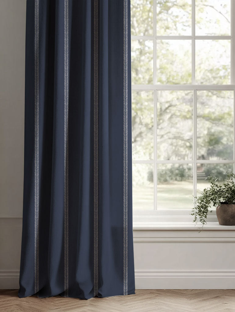 Blue Striped Linen Curtains - Rana Deep Blue - Natural base fabric.