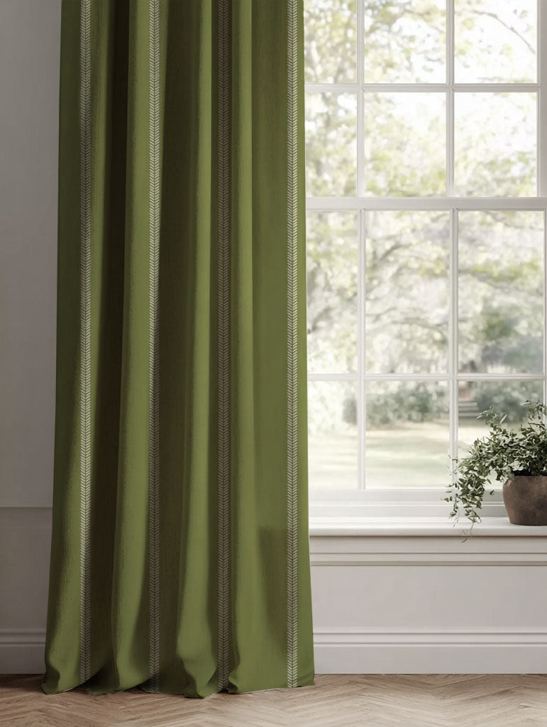 Green Striped Linen Curtains - Rana Leaf - Natural base fabric.
