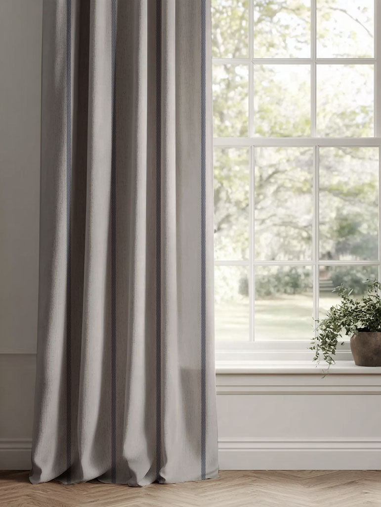Blue Striped Linen Curtains - Ronja Deep Blue - Natural base fabric.