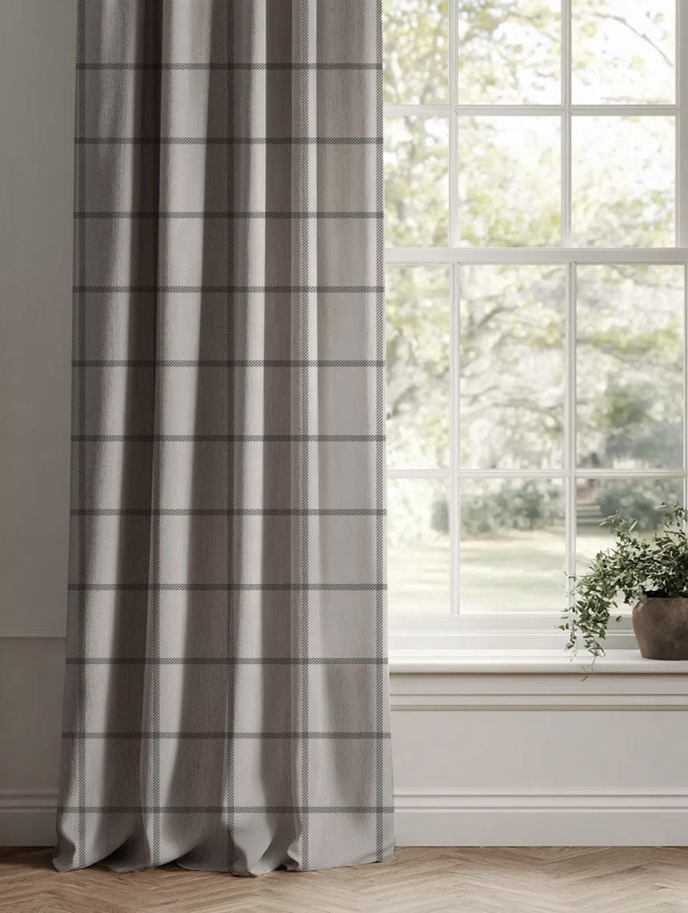Grey Checked Linen Curtains - Tove Ash - Natural base fabric.