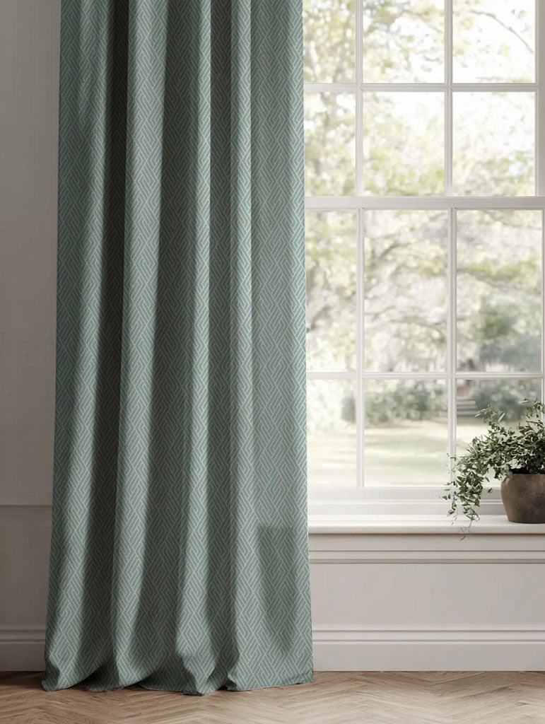Blue Patterned Linen Curtains - Vera Duck Egg - Natural base fabric.