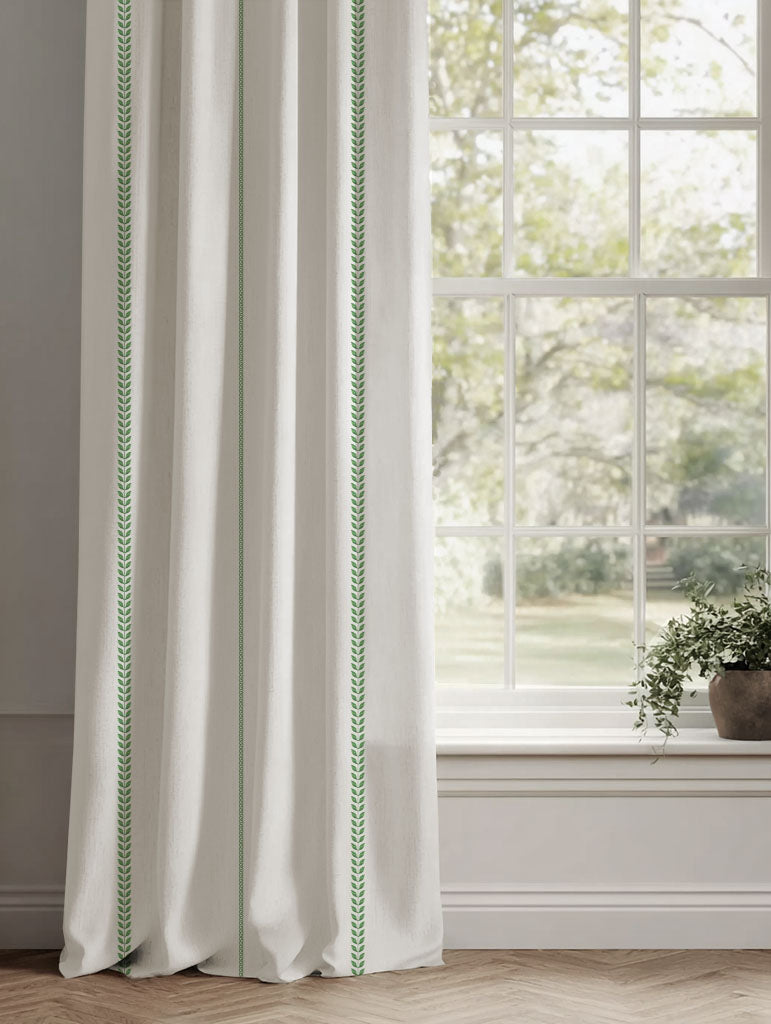 Green Striped Linen Curtains - Berit Parrot Green - White base fabric.