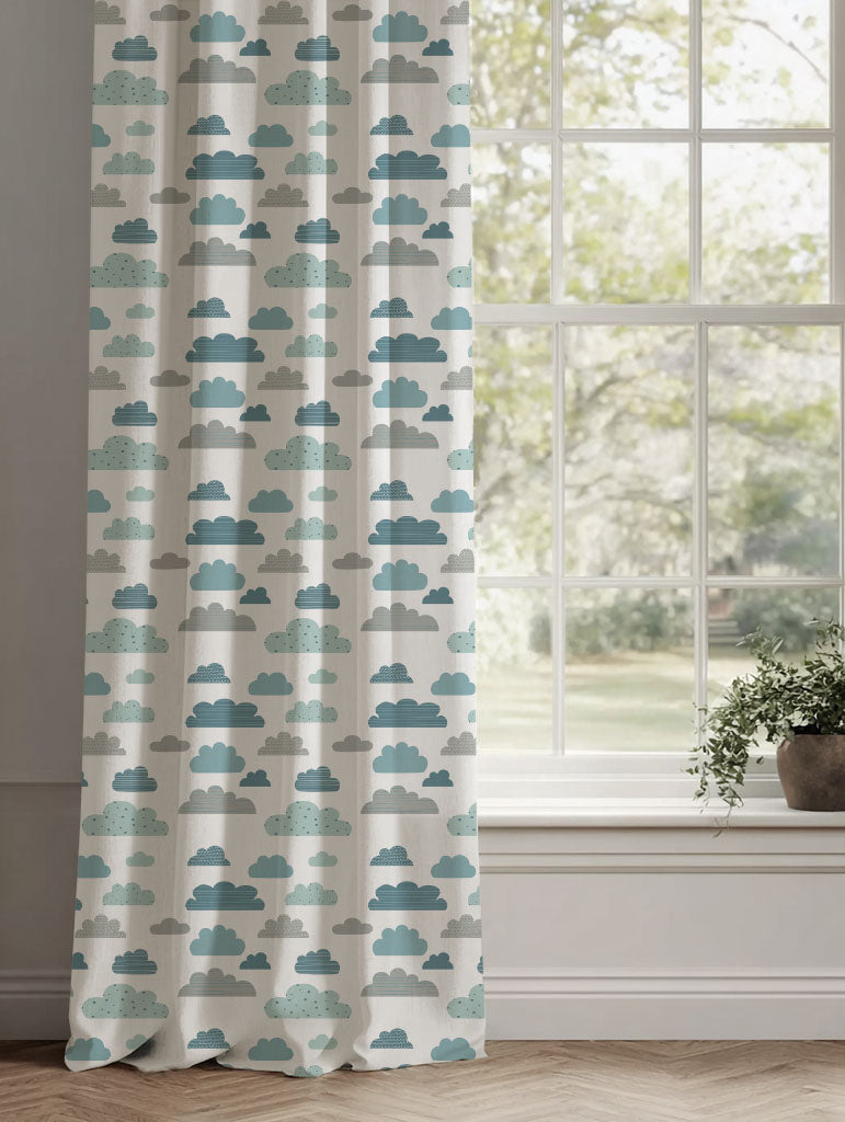 Blue Kids Linen Curtains - Cloud Dreams Blue - White base fabric.