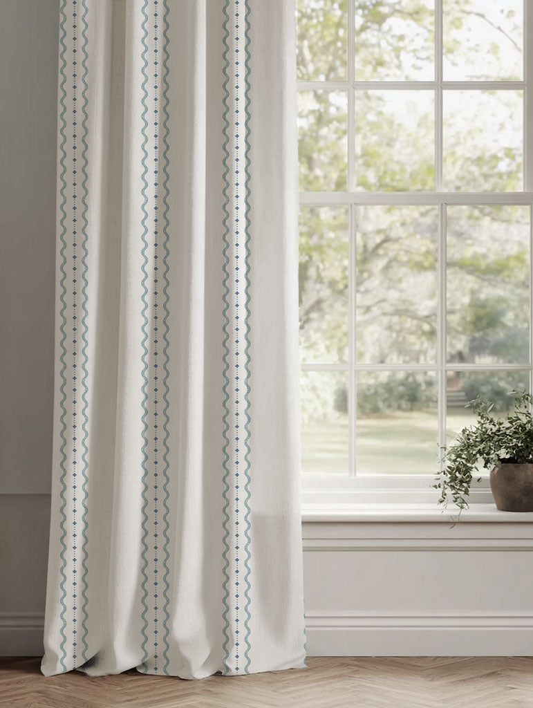 Blue Striped Linen Curtains - Daphne Blue-WHT - White base fabric.