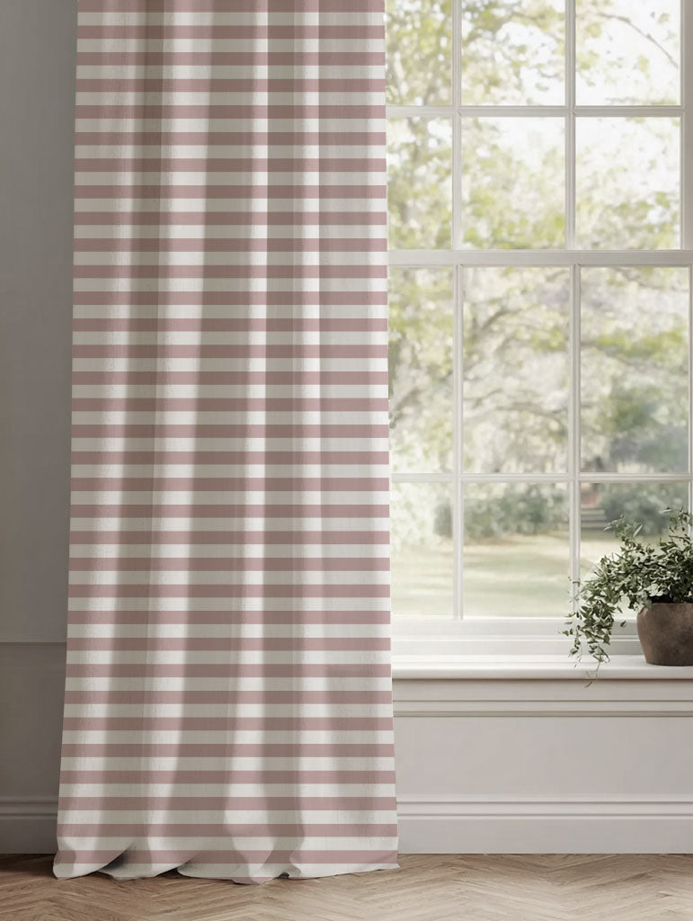 Pink Striped Linen Curtains - Della Peony-WHT - White base fabric.