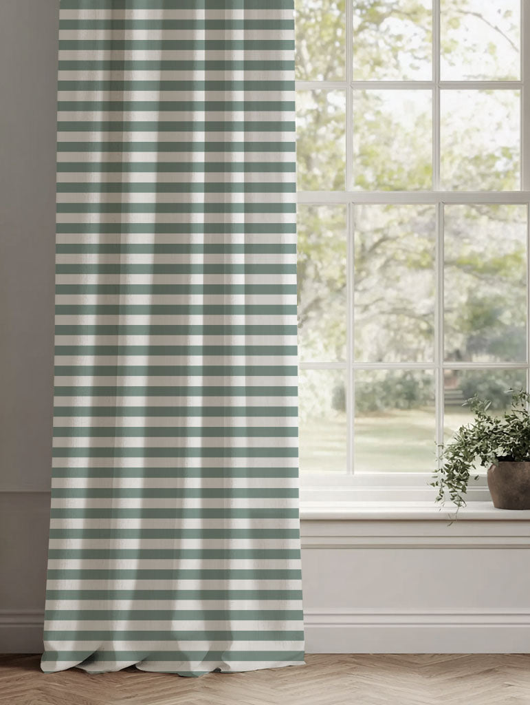 Green Striped Linen Curtains - Della Sage-WHT - White base fabric.
