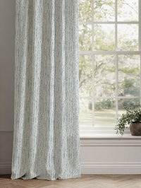 Blue Patterned Linen Curtains - Dora-WHT Shadow Blue - White base fabric.
