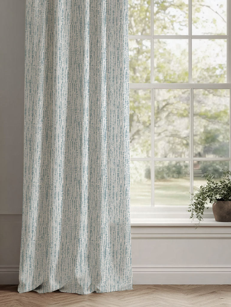 Blue Patterned Linen Curtains - Dora-WHT Shadow Blue - White base fabric.
