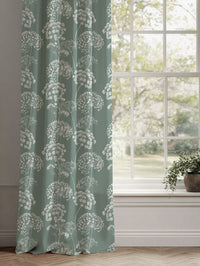 Green Floral Linen Curtains - Erleen INV Sage - White base fabric.