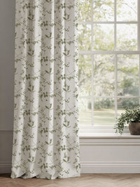 Green Floral Linen Curtains - Flora Moss-WHT - White base fabric.