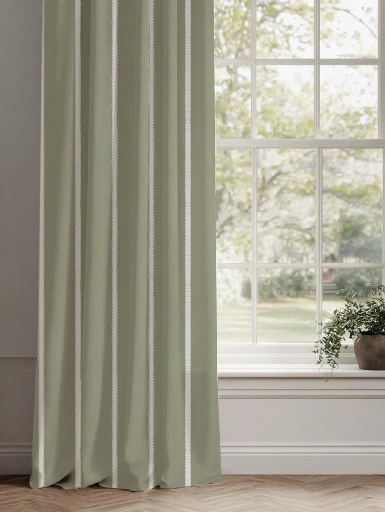 Green Striped Linen Curtain - Franny Moss-WHT - White base fabric.