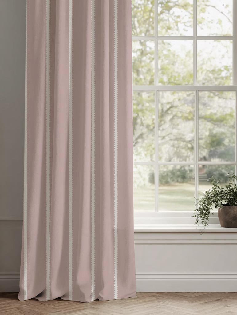 Pink Striped Linen Curtain - Franny Peony-WHT - White base fabric.