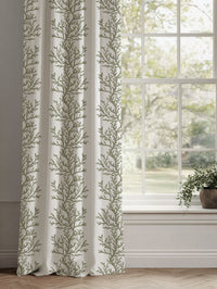 Green Botanical Linen Curtains - Galilea Moss - White base fabric.