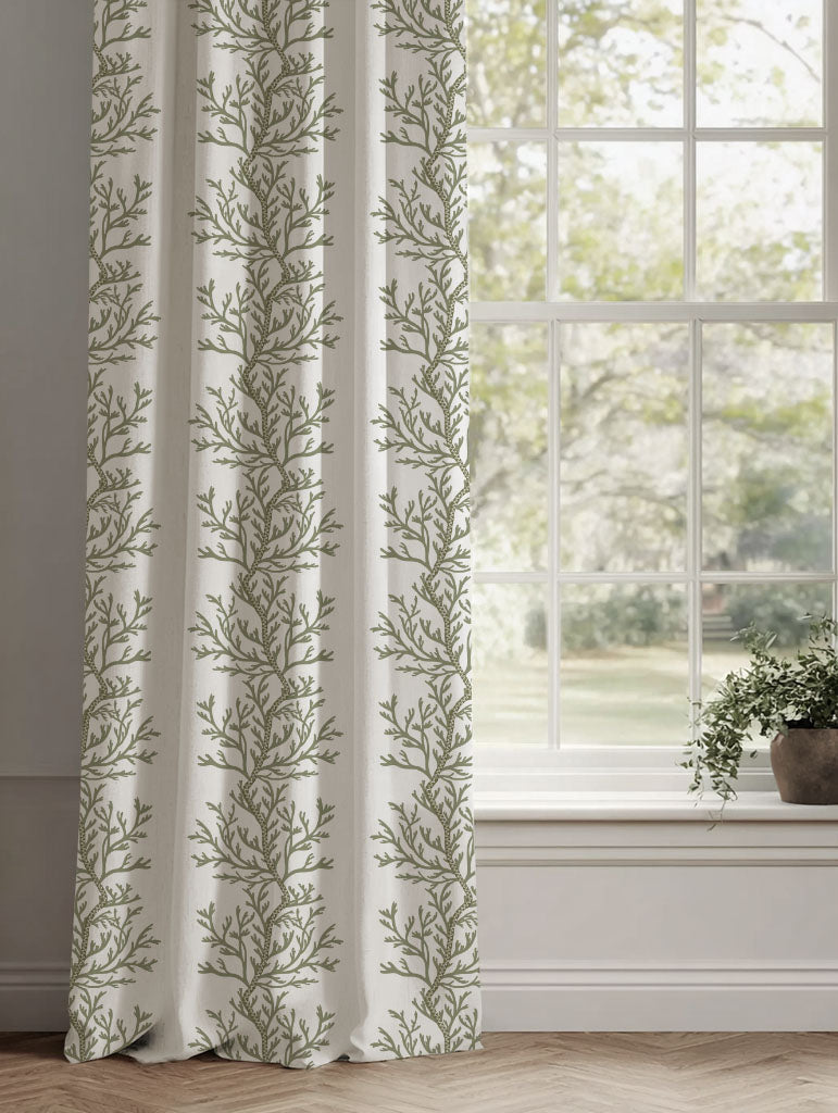 Green Botanical Linen Curtains - Galilea Moss - White base fabric.