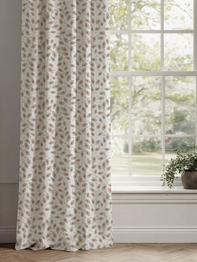 Orange Botanical Linen Curtains - Goldie Terracotta-WHT - White base fabric.