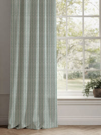 Green Patterned Linen Curtains - Hilda Sage - White base fabric.