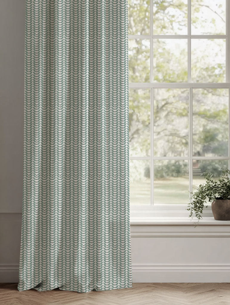 Green Patterned Linen Curtains - Hilda Sage - White base fabric.
