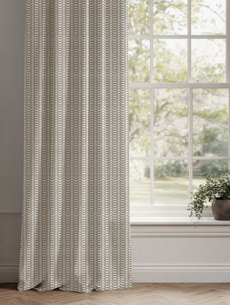 Red / Orange Patterned Linen Curtains - Hilda Terracotta - White base fabric.