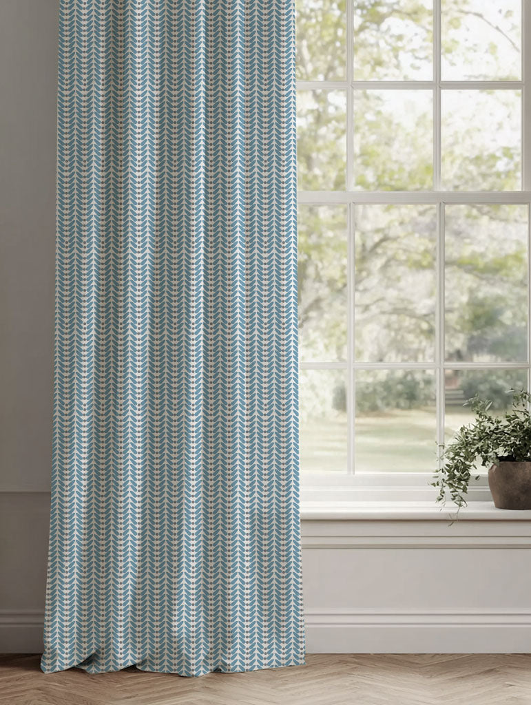 Blue Patterned Linen Curtains - Hilda True Blue - White base fabric.