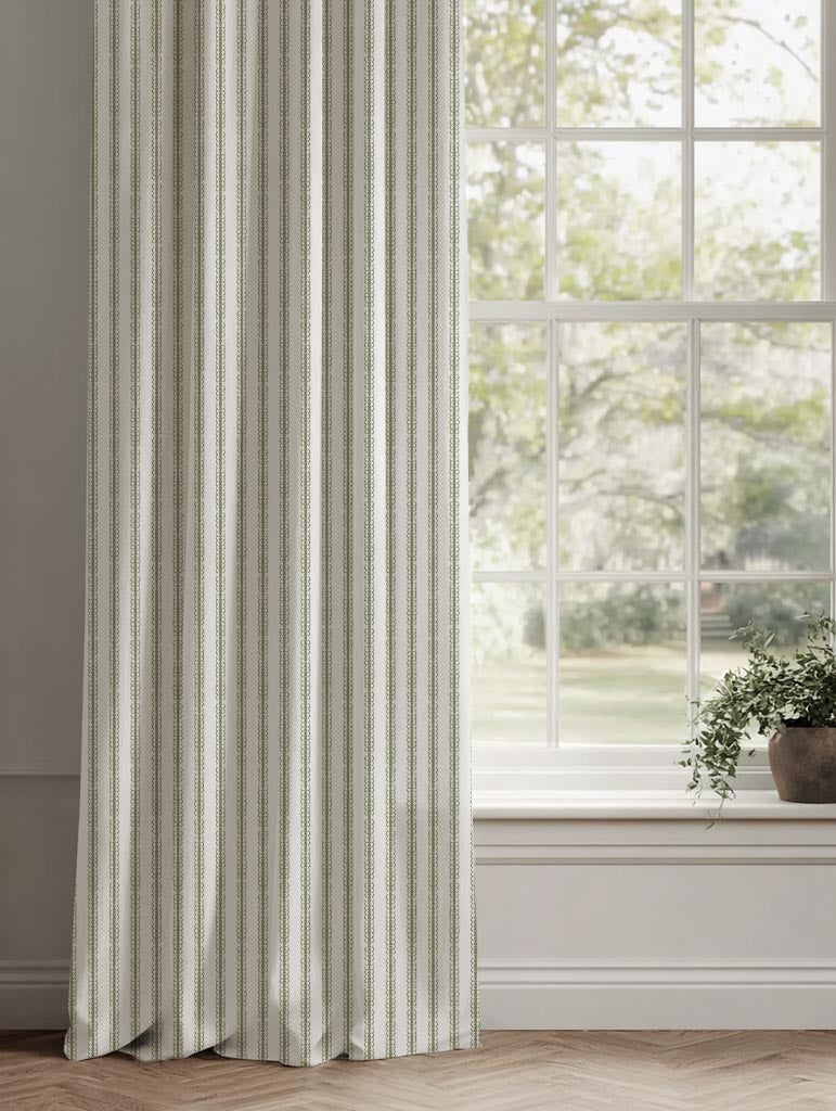 Green Striped Linen Curtain - Kamillah Moss-WHT - White base fabric.