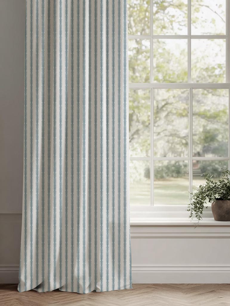 Blue Striped Linen Curtain - Kamillah Paris Blue-WHT - White base fabric.
