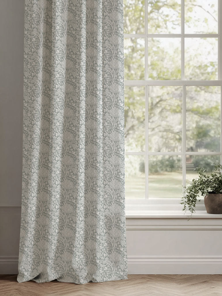 Grey Floral Linen Curtains - Katarina Greige - White base fabric.