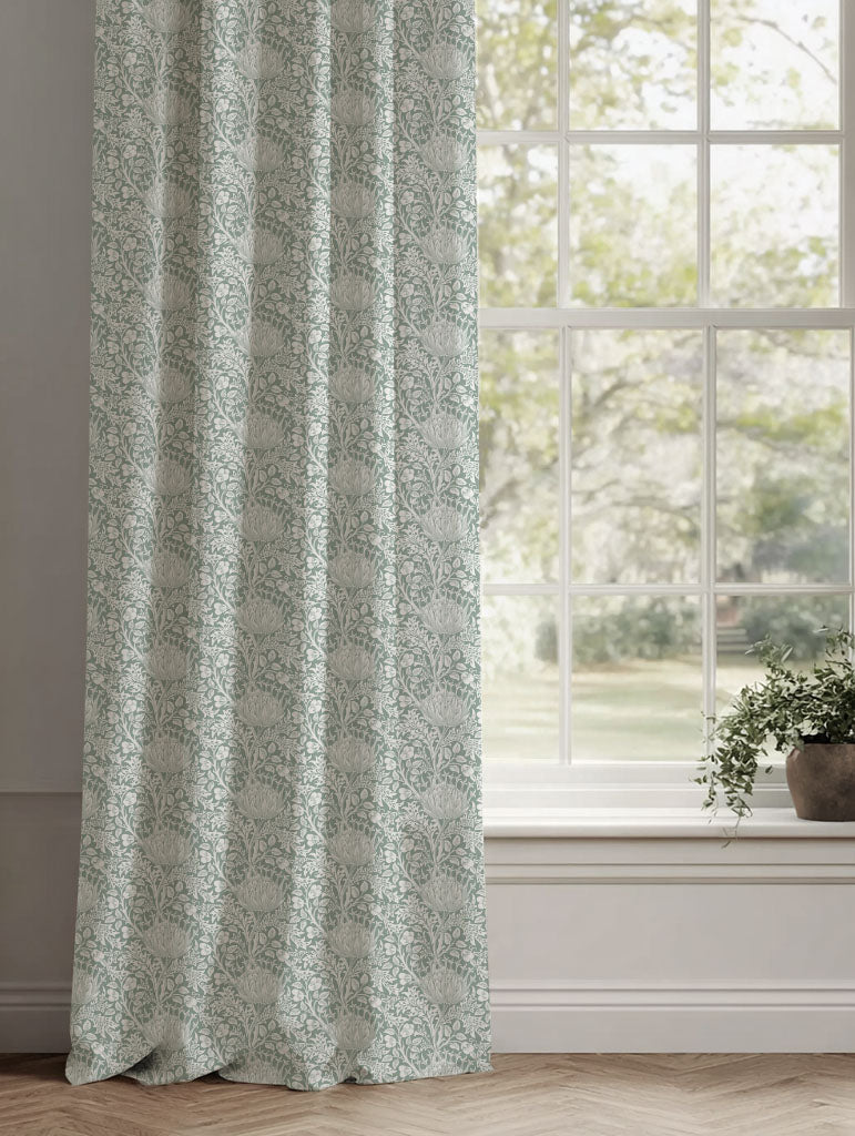 Green Floral Linen Curtains - Katarina Meadow - White base fabric.