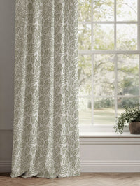 Green Botanical Linen Curtains - Lisbell Moss-WHT - White base fabric.