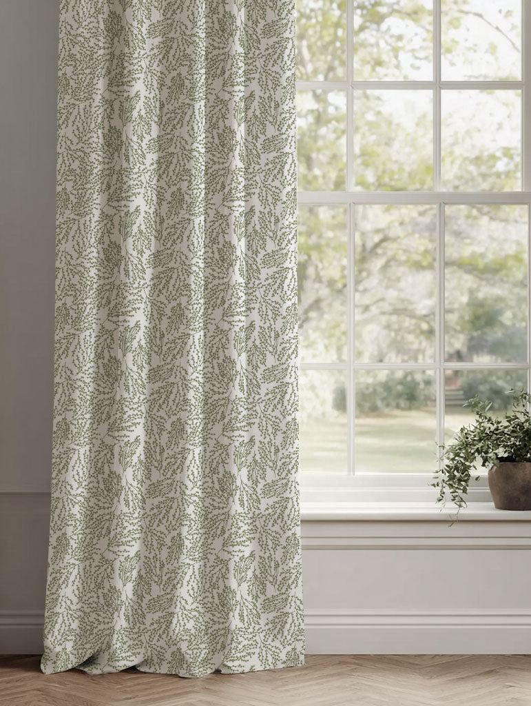Green Botanical Linen Curtains - Lisbell Moss-WHT - White base fabric.