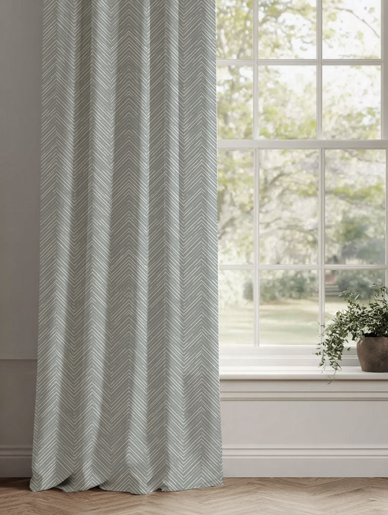 Grey Patterned Linen Curtains - Lulu Greige - White base fabric.