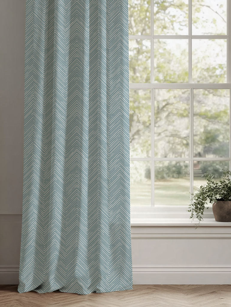 Blue Patterned Linen Curtains - Lulu Shadow Blue - White base fabric.