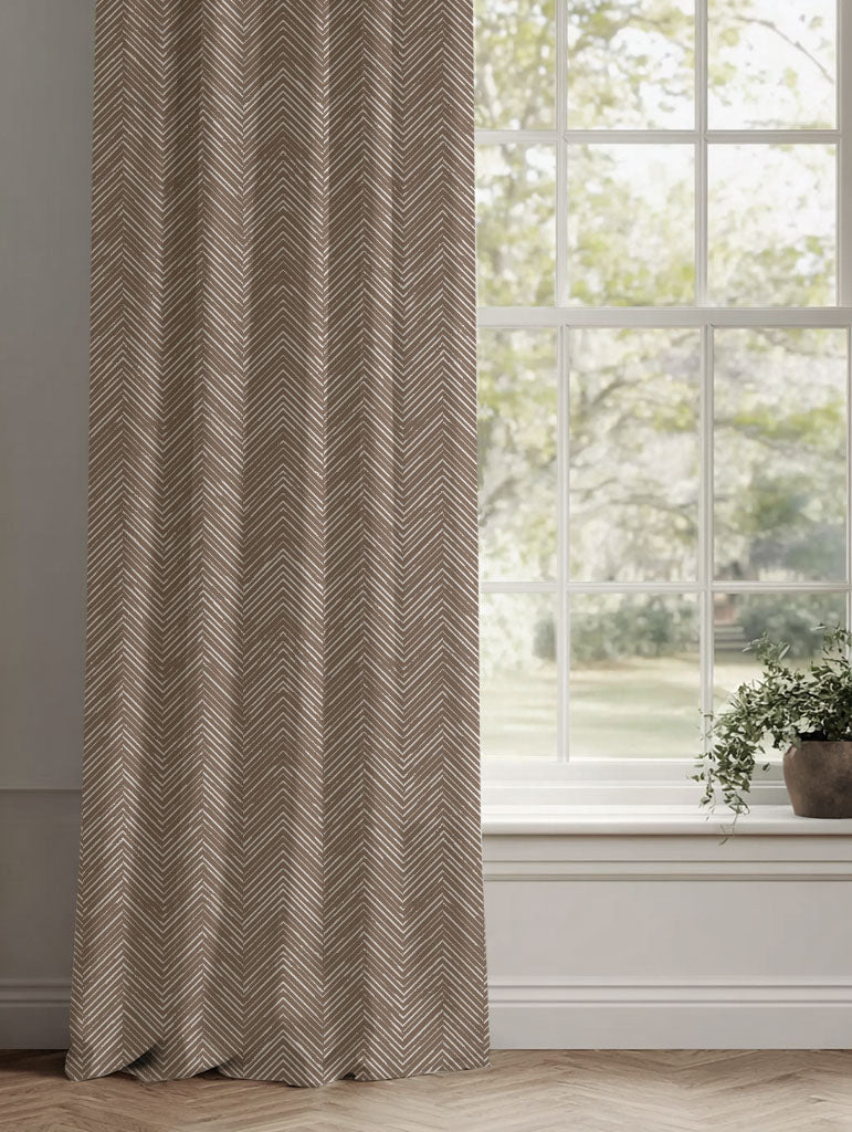 Brown Patterned Linen Curtains - Lulu Umber - White base fabric.
