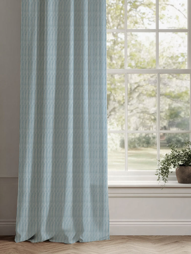 Blue Striped Linen Curtains - Maisa Blue Grey - White base fabric.