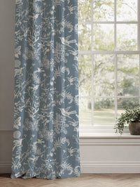 Blue Floral Linen Curtains - Marianne Agate Blue - White base fabric.