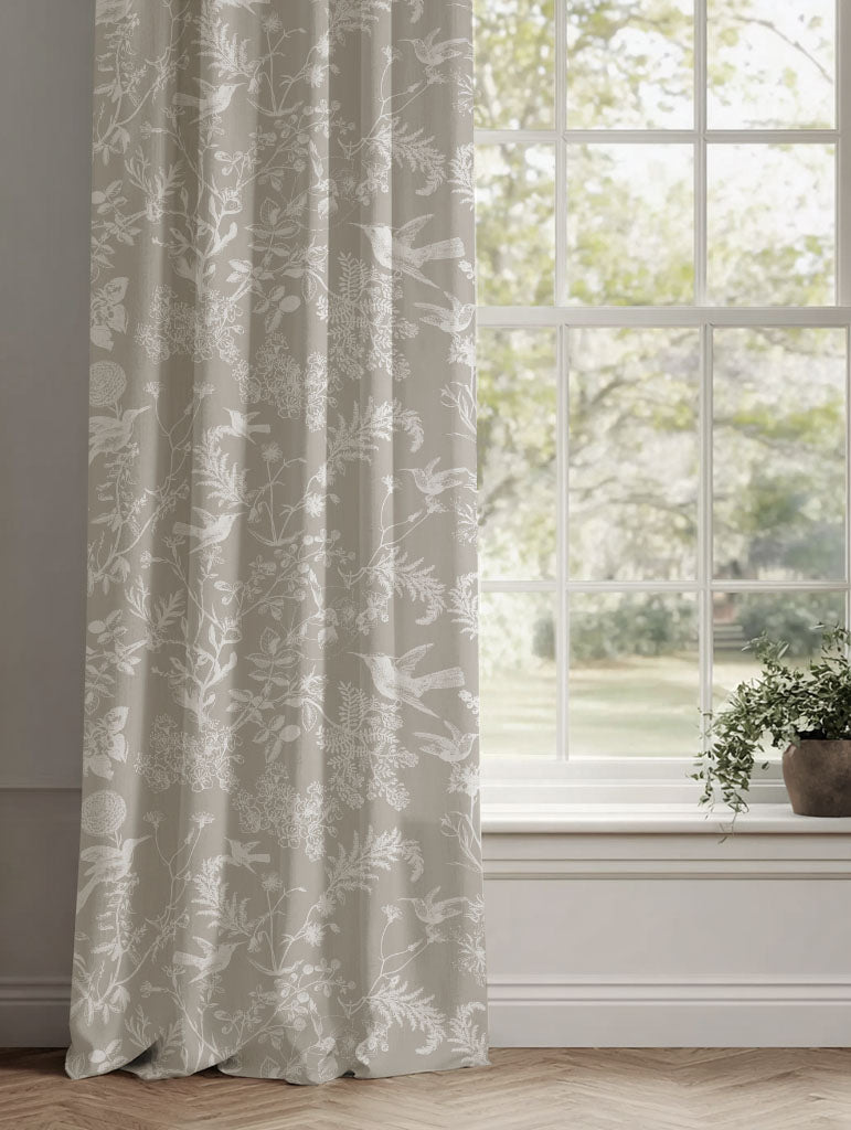 Neutral / Grey Floral Linen Curtains - Marianne Almond - White base fabric.