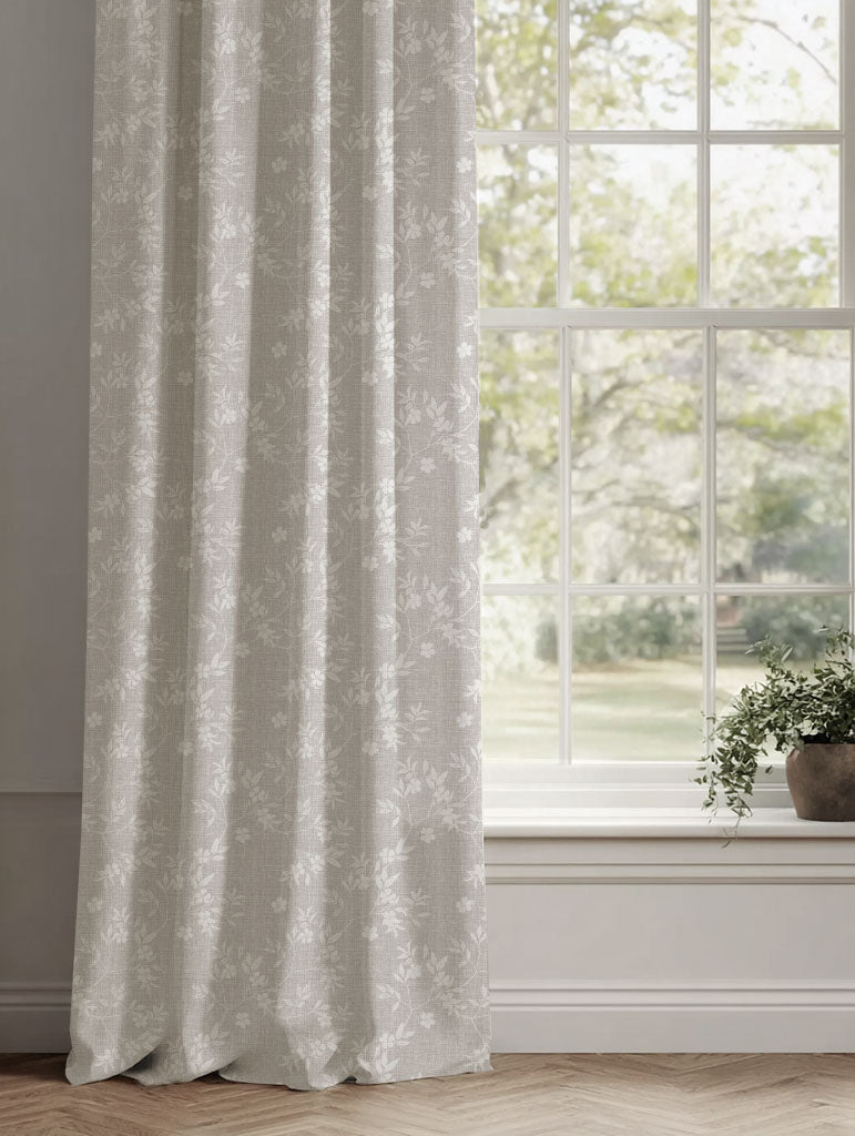 Neutral / Grey Floral Linen Curtains - Merisa Grey Sand - White base fabric.