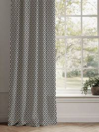 Grey Patterned Linen Curtains - Oona Charcoal - White base fabric.