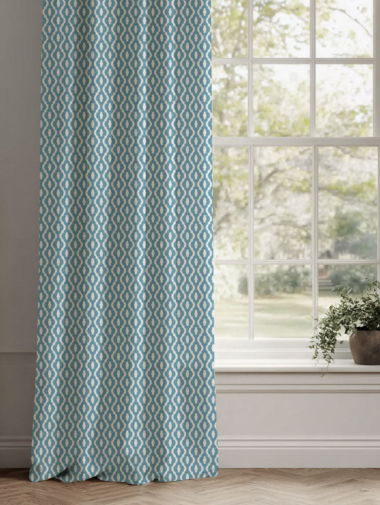 Blue Patterned Linen Curtains - Oona Marine - White base fabric.