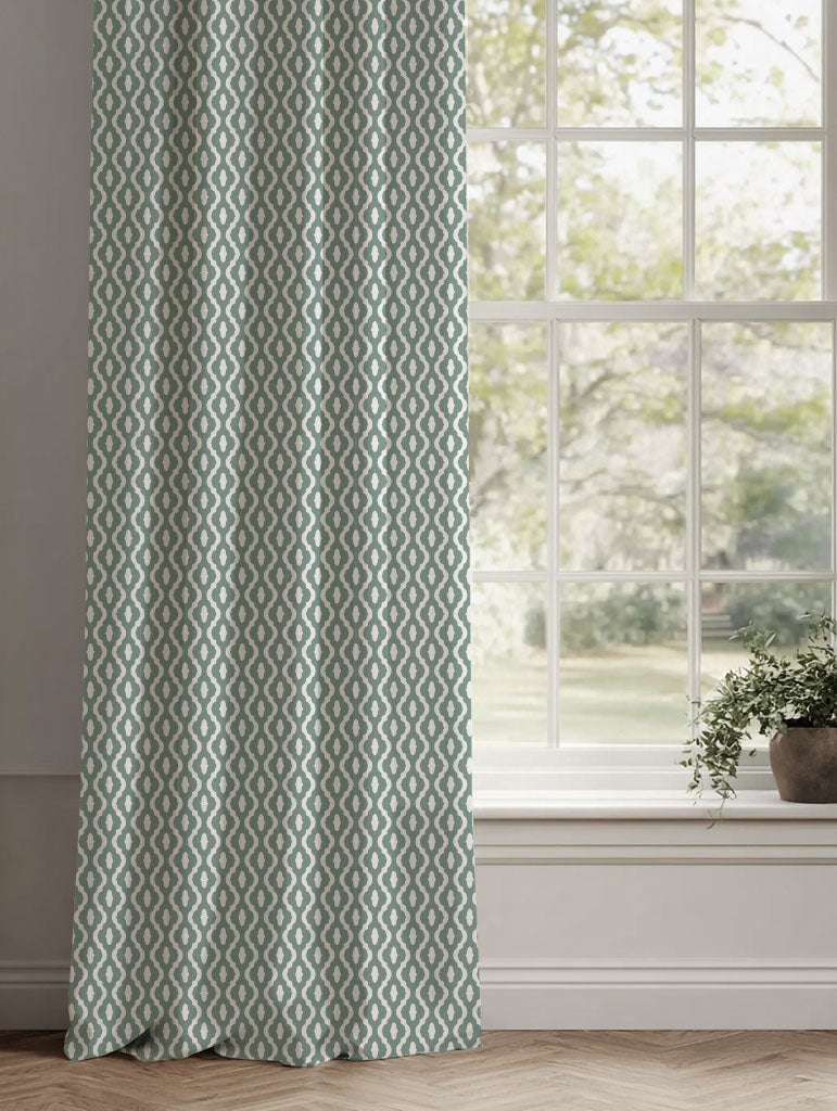 Green Patterned Linen Curtains - Oona Sage - White base fabric.
