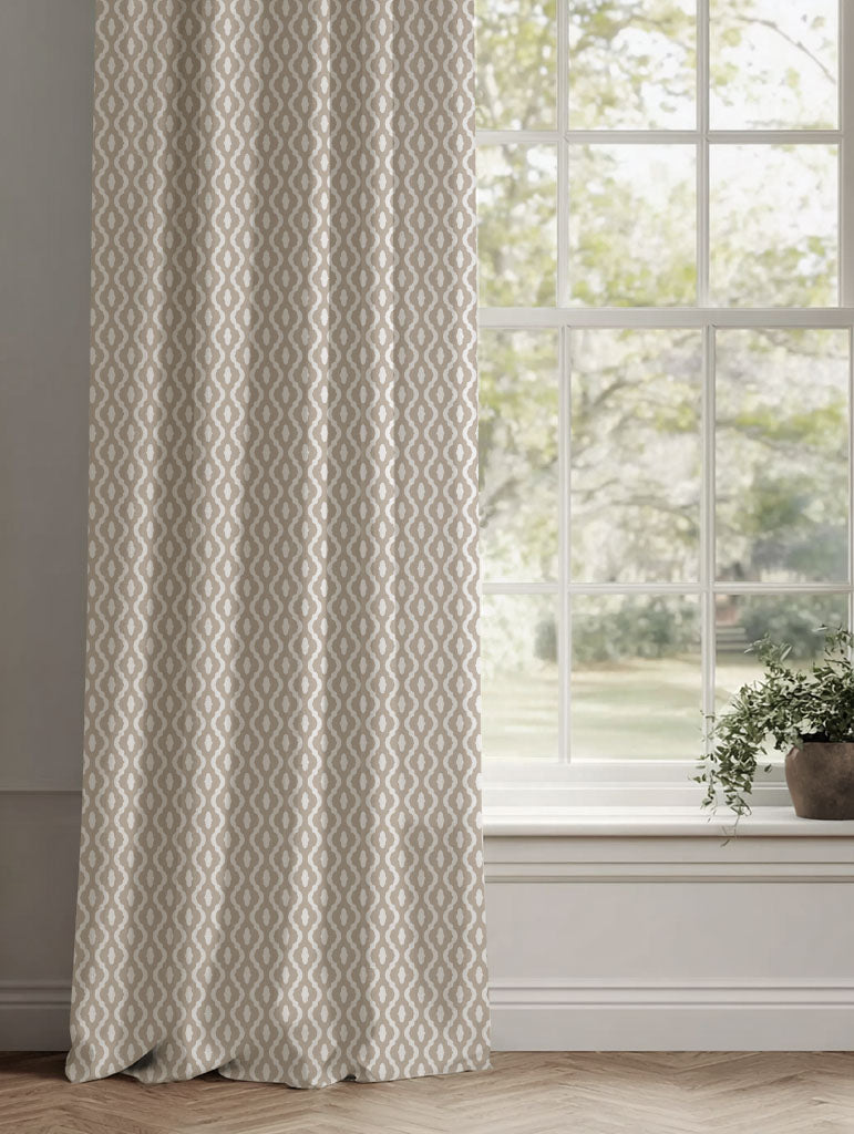Neutral / Brown Patterned Linen Curtains - Oona Taupe - White base fabric.