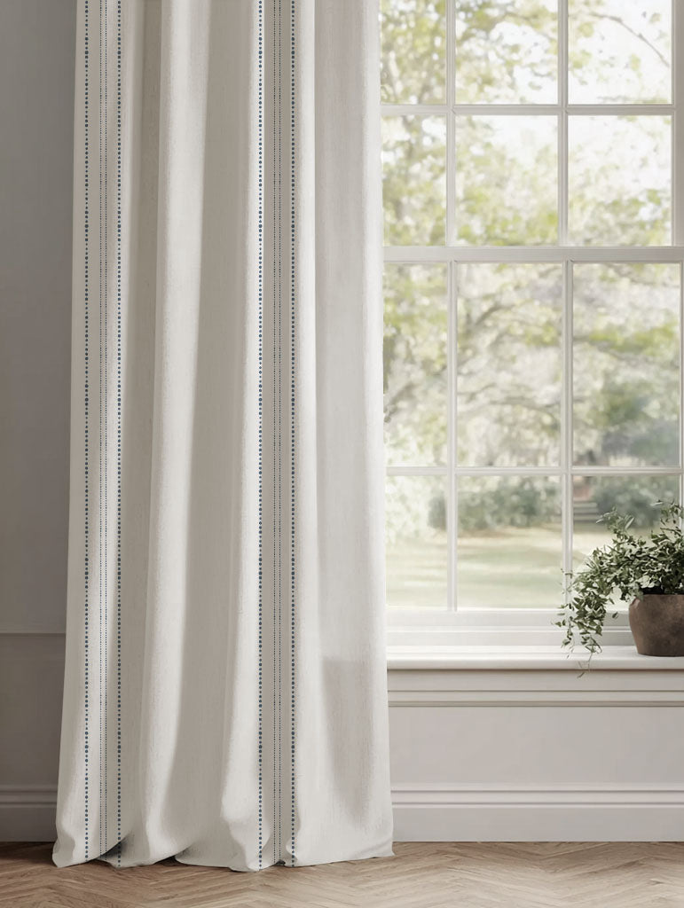 Blue Striped Linen Curtains - Reyna Ink-WHT - White base fabric.