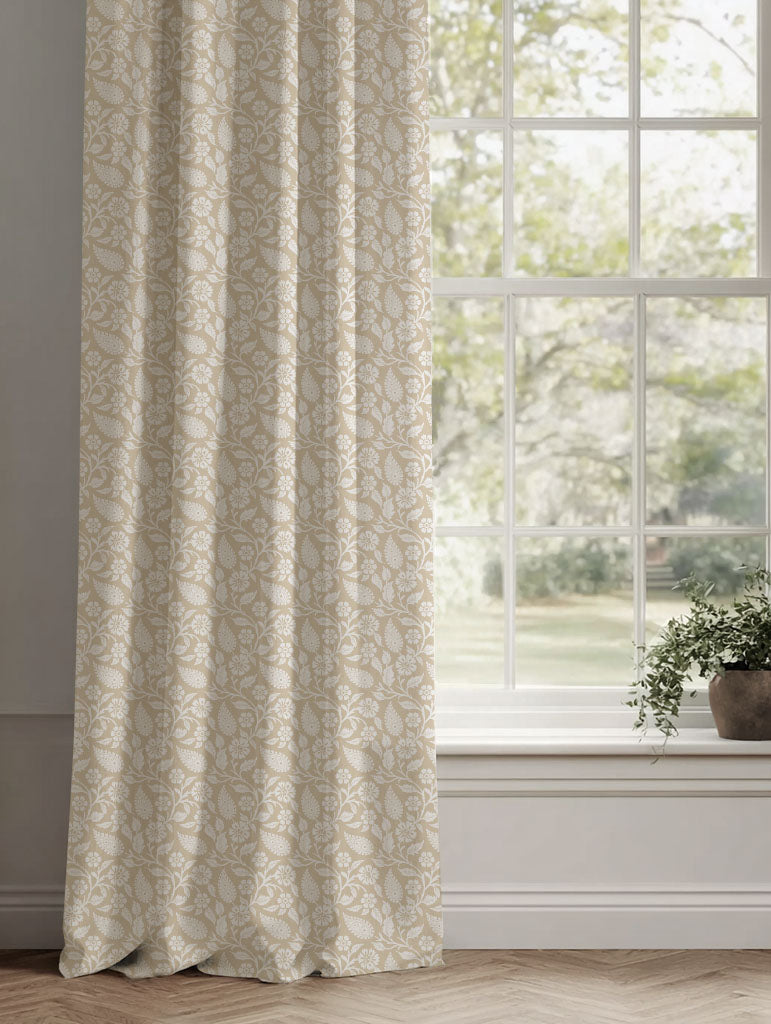 Neutral / Brown Floral Linen Curtains - Sonja Powder Sand - White base fabric.