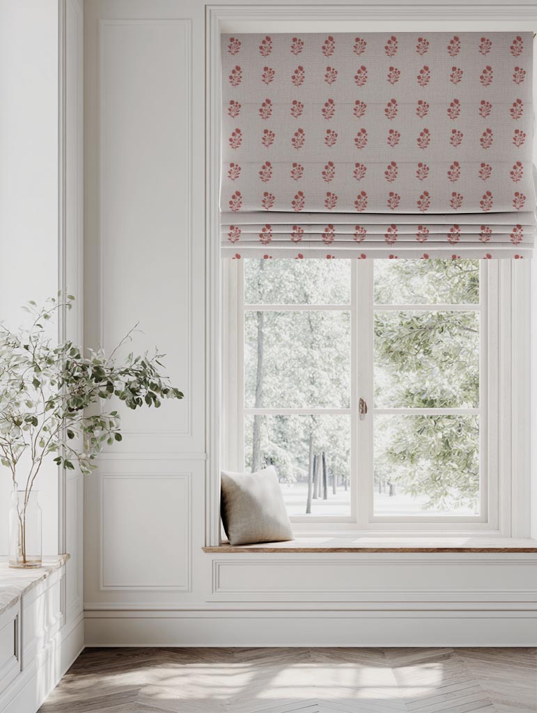 Red Floral Linen Roman Blind - Cherie Crimson Red - Natural base fabric.