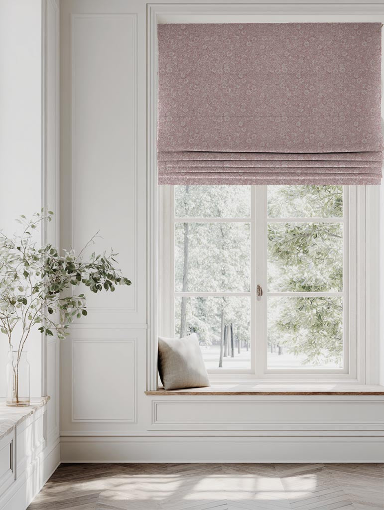Pink Floral Linen Roman Blind - Cheye Dusty Pink - Natural base fabric.