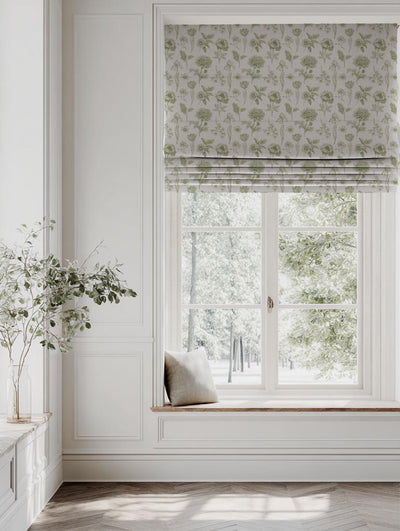 Green Floral Linen Roman Blind - Cirian Khaki - Natural base fabric.